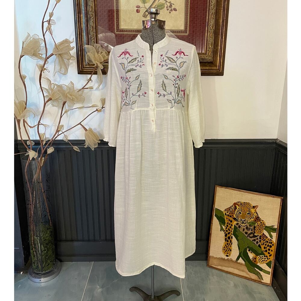✨April Cornell Embroidered Cotton Gauze Mandarin Prairie Midi Dress Sz Small